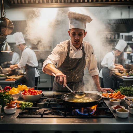 A chef cooking at a busy professional kitchen stove, with kitchen staff working behind him